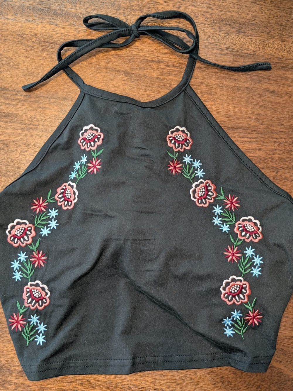 Black Halter Crop Top with Floral Embroidery